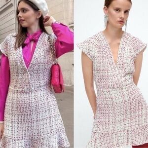 ZARA Textured Pink Tweed Ruffle Hem VNeck Mini Dress Size XL